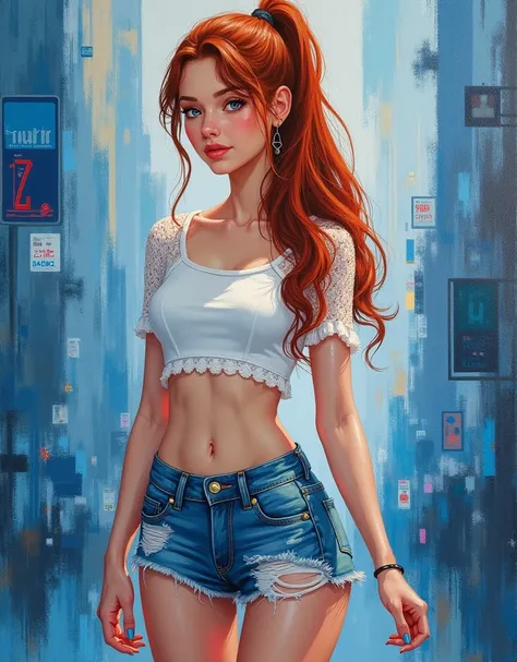 , gouache painting, mesmerizing long brown hair and piercing blue eyes. textured soft brushstrokes a kaleidoscope of blue, red, and white optical illusions swirls, casting an enchanting glow on our subject's serene expression.,GUOCHE ART ,In the image, a y...