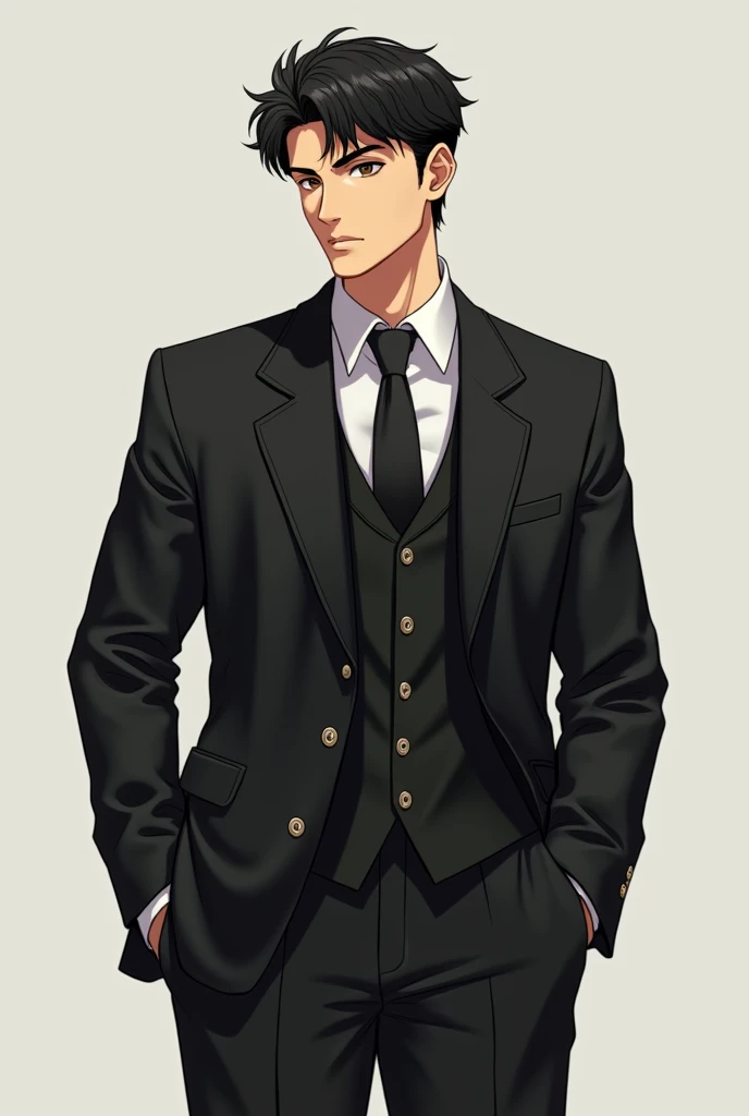 Anime MAN, 25 years old, 6’2, black suit NO TIE, black short and fluffy hair, brown eyes, black pants, pls give him an eyeliner, also tan pls, tall and muscular 