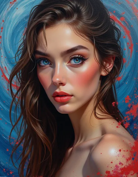 Thick bold Palatte Knife on rough canvas, gouache painting, mesmerizing close-up shot of a woman with luscious long brown hair and piercing blue eyes. textured soft brushstrokes a kaleidoscope of blue, red, and white optical illusions swirls, casting an en...