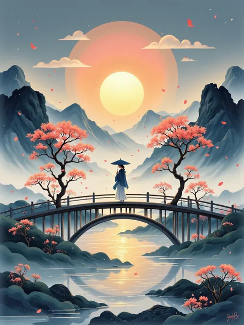 Graphic illustration， Zhang Daqian Style ， Silhouettes of Lonely People in the Afterglow of the Sunset，Expansive Sky ，Stream of consciousness，artistic conception，Zen，Staggered overlays，Minimalism， splash ink ， Large Area Watercolor Smudge ，hazy，Like a drea...