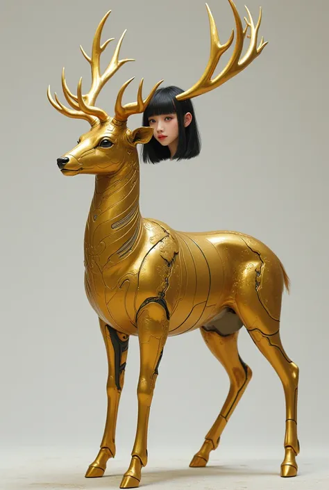 Only the head is a young very beautiful asian girl while the rest of the body is a golden cybernetic stag. Full body 