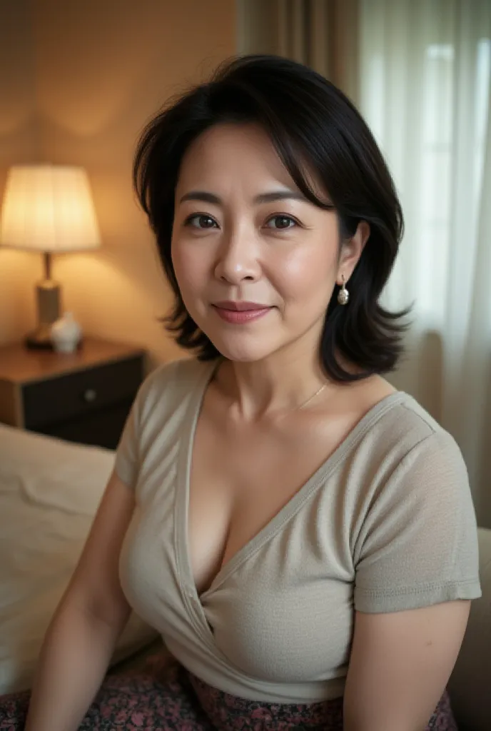   mature woman 、  Japanese、48 years old (Mature Beauty: 1.5)、 kind, Enchanting Smiles 、( nasolabial folds :1.4)、  Natural Aging  、Warm Eyes 、(  upper body close-up shot :1.3)、  Soft  , Natural wrinkles 、  clean skin (1.4)、  very detailed (1.4)、 Unmatched B...