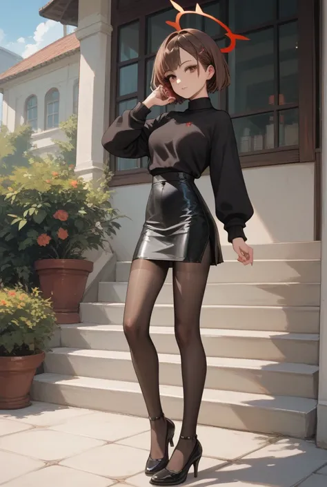 Anime girl with short brown hair, brown eyes, black sweater, slim waist, black skirt, black sheer tights, red halo, full body