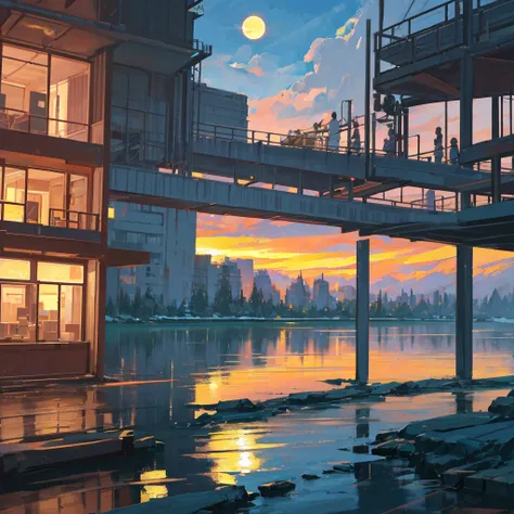 Gorgeous poster，Landscape photos， The screen is split in two，On the left is Night ，The right side is daytime ，The moon and sun appear at the same time，Floating clouds ，There is a river in the middle of the screen