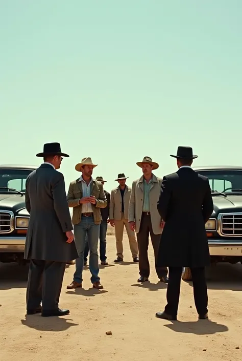 Two distinct groups facing infront of the camera in the middle of the Texas desert, far away view (about 10 meters). The first group is a crime mafia family: one woman and six men dressed in suits and long mafia coats in black, grey, and white. Some wear f...