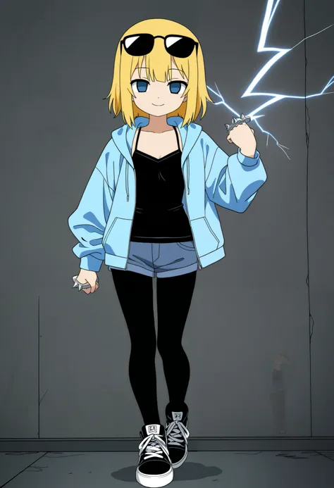 A color that shows the shades ,Clear line drawing,flat art, anime style,hentai manga style,Alone, yellow hair, Wild Shortcuts, Light Blue Eyes,empty eyes, small breasts, sunglasses on the head,Lightning Hoodie , black camisole, Blue Shorts , black pantyhos...