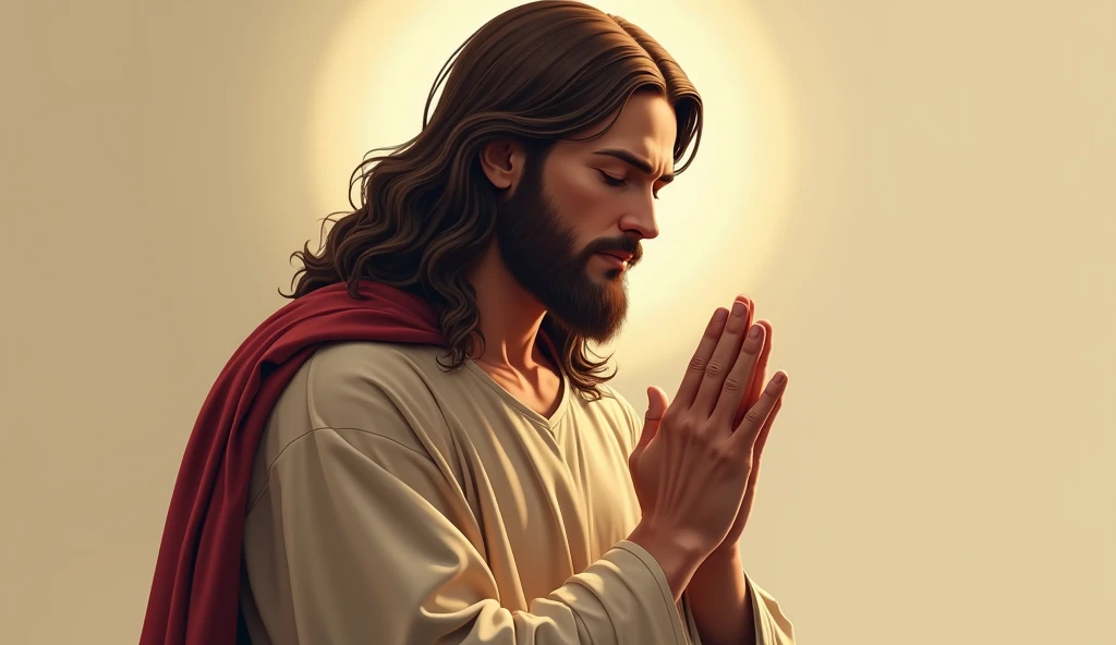 uma ilustração de Jesus Cristo In a prayer position. make sure the following details are included : - Eyes: (must be closed  ) -Hands: (In a prayer position) - Background  : (none,  focus only on the figure  )  Remember the need for a respectful representa...