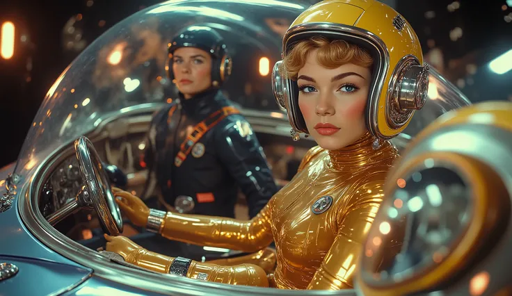  A full body cinematic retro from the 1950s  _ style A plane at a high angle of a woman stunningly beautiful , thin and slender,  with a fierce and independent spirit . A science-fiction-style cinematic photo of Natalia , a female pilot ,  photorealistic, ...