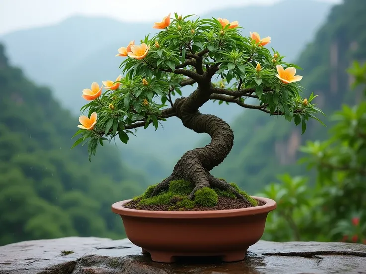  Portrait, Small bonsai, plump trunk, beautiful foundation, twisted trunk, old, rough skin, low leaning branches like hanging from a cliff, beautiful shrub with flowers in terracotta pots with a thin covering of moss.
The background is forest, mountains, i...