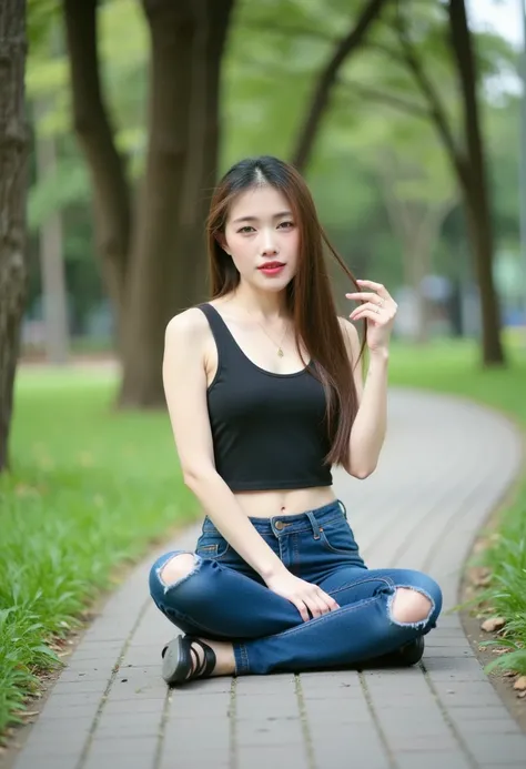 A beautiful young Chinese woman with long, silky black hair, sitting confidently on a paved pathway in a lush green park. She wears a stylish sleeveless crop top and ripped jeans, exuding a cool and playful vibe. Her makeup is minimal and natural, enhancin...