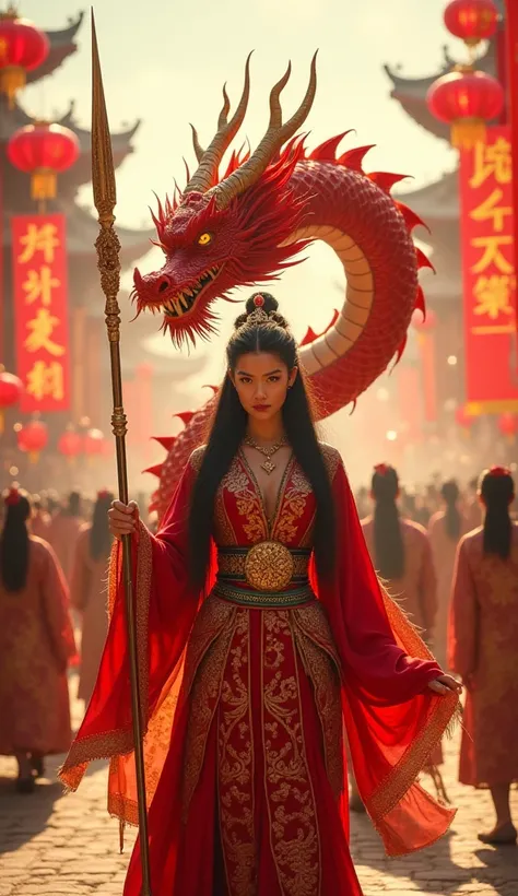 A powerful Chinese warrior empress walks forward with a colossal Red Dragon, symbolizing China’s strength and heritage. She has long, flowing black hair, sharp golden eyes, and wears an intricately embroidered red and gold silk robe, tied with a jade belt....