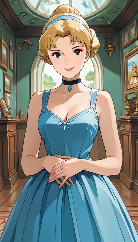 (1girl, solo, CinderellaXLP), (extremely detailed CG unit 8k wallpaper),(master part), (best quality), (ultra detail), (best illustration),(ghibli_style), cowboy shot, close up, standing, facing viewer, looking at viewer, perfect face, perfect eyes, perfec...