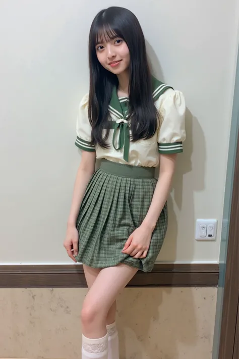  top quality , 1 girl,((Big Breasts:1.3)),Curvy,(( orgasm,,sweat, steam:1.3)),Yui Kotegawa,  black hair, ( brown eyes:1.5),  long hair, green  skirt ,  check pattern ,  check pattern   skirt ,((Disaster High School ,  school uniform)),  skirt , Short sleev...