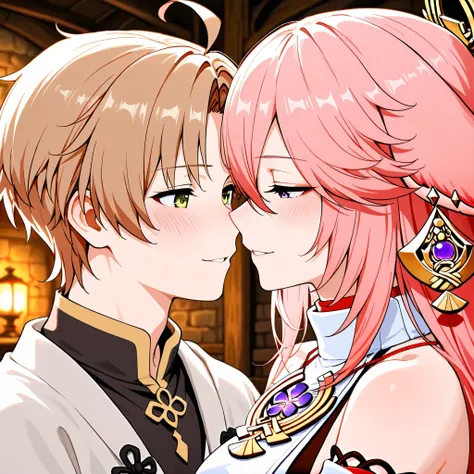 Love couple, Rudeus Greyrat and Yae Miko, looking at each other, flirting, medieval room in background, masterpiece, best quality, High resolution 