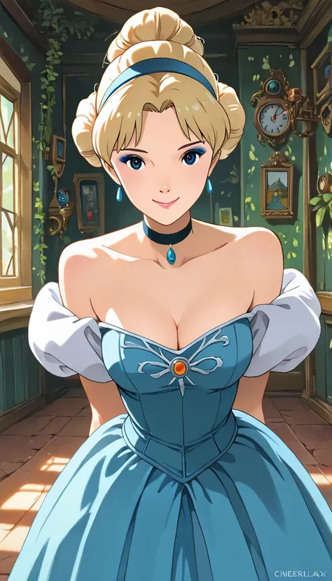 (1girl, solo, CinderellaXLP), (extremely detailed CG unit 8k wallpaper),(master part), (best quality), (ultra detail), (best illustration),(ghibli_style), cowboy shot, close up, standing, facing viewer, looking at viewer, perfect face, perfect eyes, perfec...