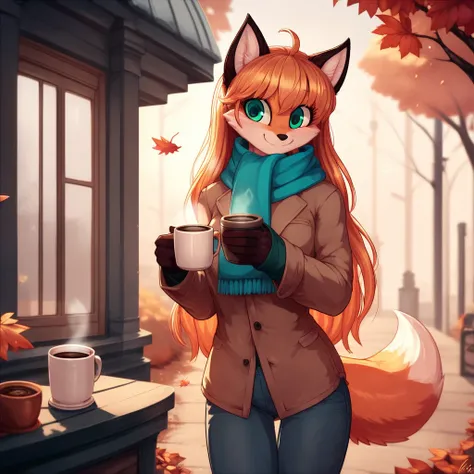 masterpiece, best quality, amazing quality, null-ghost, pants, female small fox, skinny,solo, comfy clothes, perfect green eyes, cute, soft smile, soft illuminated, coffee in hand, adult , scarf, autumn clothes, outside, long hair