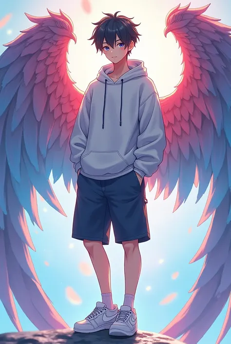 Anime 4K ,age 25,wearing a Hoodie,  shorts,  white Nike shoes . wing background , use the name kustian
