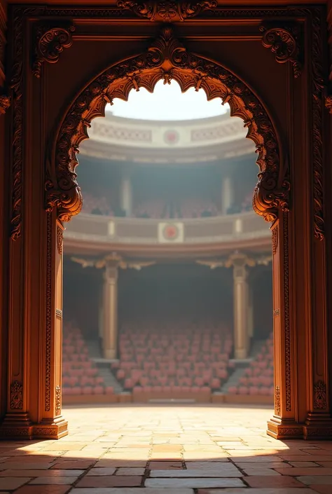 2 archways flanking the stage with audience seating and Javanese ornaments wringin lawa