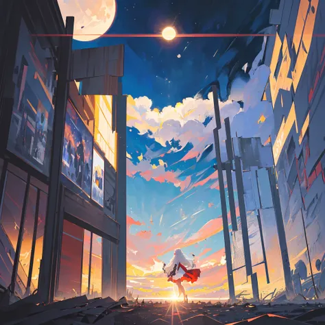 Gorgeous poster，Landscape photos，(( The screen is split in two，On the left is Night ，On the right is daytime，The moon and sun appear at the same time))，Floating clouds ，In the center of the picture, a beautiful girl with white hair in a red dress dances al...