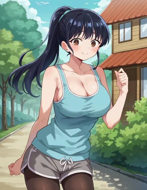 score_9, score_8_up, score_7_up, source_anime, annayamada, anna yamada, 1girl, solo, anna yamada, long hair, bangs, ponytail, outdoors, house, Anna, tank top, blue tank top, bare shoulders, cleavage, shorts, grey shorts, dolphin shorts, pantyhose, pantyhos...