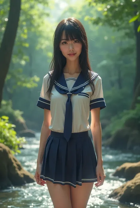 A beautiful Japanese news anchor wearing a short skirt, big breasts, a wet school uniform, thin cloth, standing and announcing news in the middle of a stream in the forest.