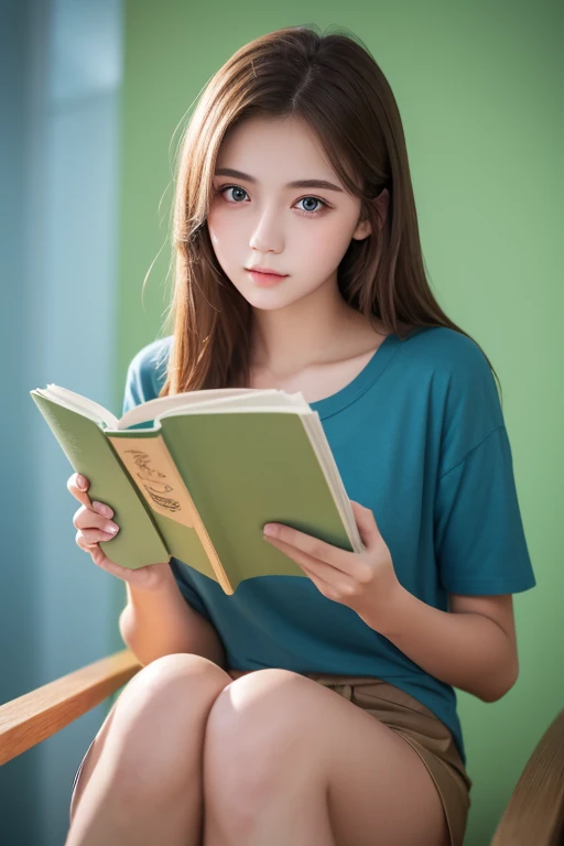 masterpiece, top quality , ultra detail), Portrait of an 18-year-old woman with light brown hair, Green round eyes, blue shorts ( Technical Background ) and reading a brown book - Auto Ultra Realistic