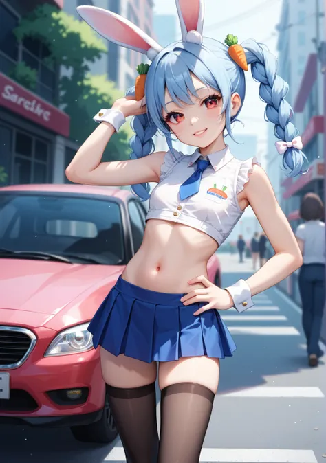 Young girl, body suit, sleeveless,  rabbit ears,seductive smile, pale skin on a street car,   light blue hair color ,  straight hair ,  red eyes,  Slanted Eyes  ,  pink beige lips,  Computer Classes, are standing,  slender, idol,whole body, dance,dancing, ...