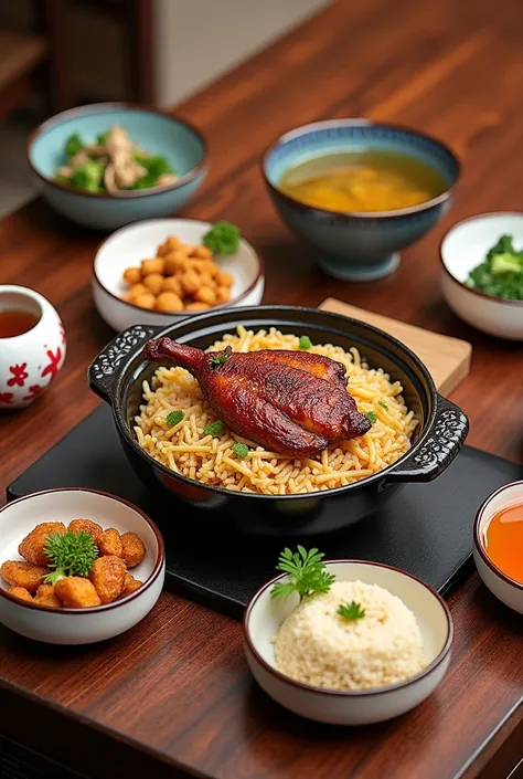  creates a Chinese food set figure
• Soup :  Sichuan Soup
• Main dish : Roast Duck  +  Yangzhou Fried Rice
• Side dishes:  with sautéed vegetables with mushrooms
• Dessert :  Ginkgo, Ginger Juice
• Drink :  Hot Chinese Tea 