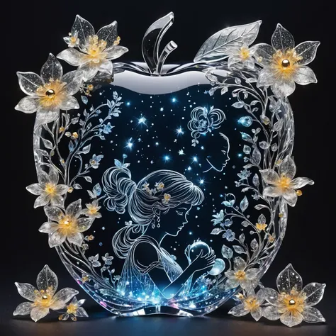 Score 9, Score 8 Up, Score 7 Up, Transparent crystal apple with girl inside, sparkling flowers and twinkling stars inside the apple, dark background highlights the crystal apple, high quality, high resolution, high contrast