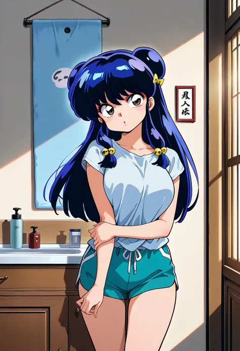 masterpiece,best quality,official art,wall paper,absurdres, beautiful detailed face,detailed texture,detailed skin,BREAK 1girl,Ranma 1/2 ,source_Ranma 1/2 ,shampoo,blue long hair and chinese buns,eyeshadow,shirt,shorts,room
