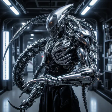 Futuristic robot man of chromium steel on his shoulder futuristic robot xenomorph stands stuttering in futuristic room