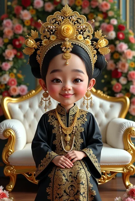 
 photorealistic 4D caricature, Medium Head ,  ,  Indonesian youth and women , big head,  Wearing Traditional Javanese Wedding Attire .  She sits on a white and gold ornate sofa ,  against a background of intricate floral arrangements and gold decorations ...