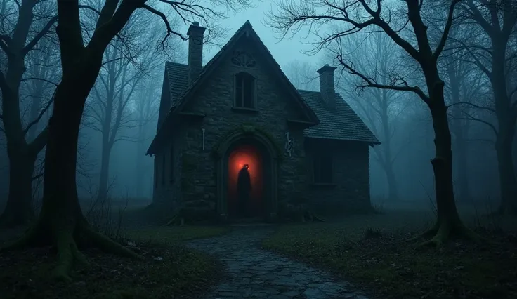 "A dark, eerie forest at night, with a thick fog creeping through the twisted, leafless trees. In the center of the image, an old, abandoned stone house covered in moss stands ominously, its door slightly open, revealing complete darkness inside. Strange s...