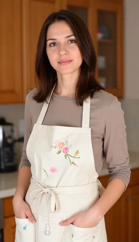 Create a warm and homely portrait of a 50 years old woman standing in a cozy kitchen. She has long, dark brown hair neatly styled, with a calm and welcoming expression. She is wearing a light beige apron decorated with charming floral and bird patterns ove...