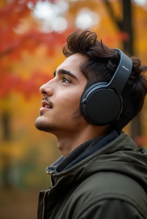 A man with headphone in music mood beautiful autumn wallpaper camera caputre focus on face