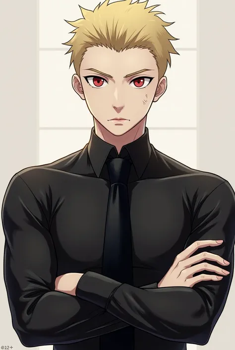  anime boy one punch man  (one persona ) cuerpo fitness, toned and slim ,  big arms and shoulders ,  Marked pectorals,  men's tie,  with black shirt ,  long sleeves and turtleneck .  white skin,  sharp eyes with black eyelashes,  red pupils,  square chin ,...