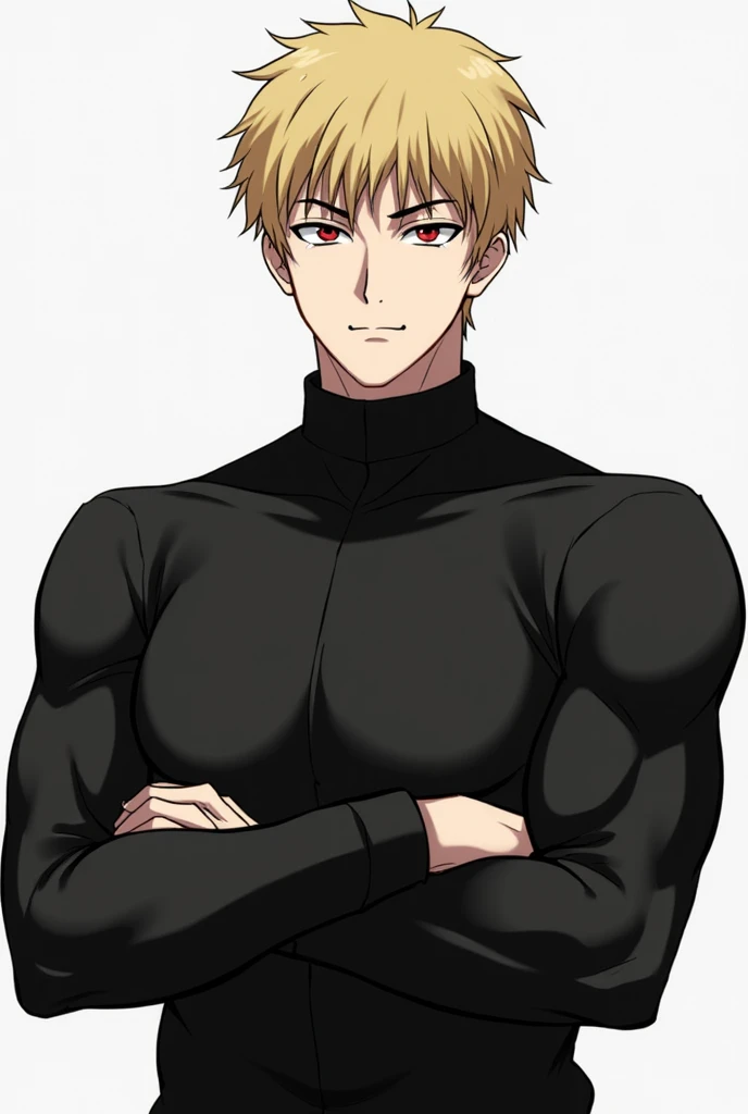  anime boy one punch man  (one persona ) cuerpo fitness, toned and slim ,  big arms and shoulders ,  Marked pectorals,  men's tie,  with black shirt ,  long sleeves and turtleneck .  white skin,  sharp eyes with black eyelashes,  red pupils,  square chin ,...