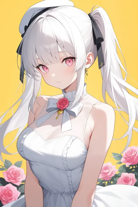 1girl, solo, long hair, bangs, pink eyes, white ruffled dress, bow, bare shoulders, gold jewelry, medium breasts, closed mouth, white hair twin-tails, upper body, rose, sidelocks, sleeveless,  yellow background, pink flower on hat,stunning visuals, Best qu...