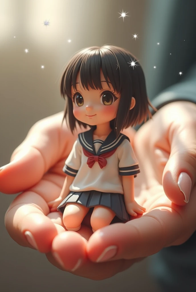 Japanese high school girl idol sitting in the palm of her hand