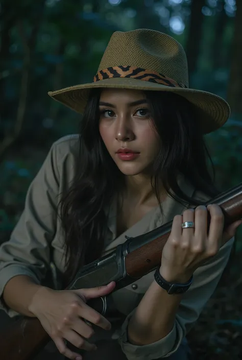 a beautiful thai actress, long dark hair, strong piercing eyes, wearing a safari outfit with a wide-brimmed hat with a tiger stripe band, holding an old rifle, in a mysterious deep forest, at night, action image