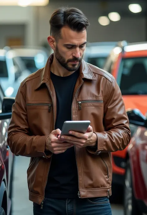  Create an image of a man named Felipe ,  specialist in buying cars before the auction .  He is about 35 years old ,  short hair and a well-groomed beard ,  with a confident and experienced appearance .  Felipe wears a casual brown leather jacket over a bl...