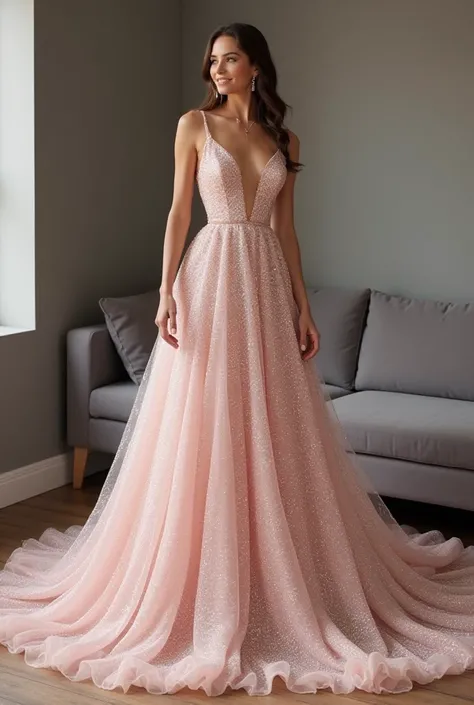 Here’s the prompt to create a gown similar to the one in the image:

"A stunning floor-length gown in a soft blush pink color, covered entirely with shimmering sequins for a sparkling, glamorous effect. The gown features a deep V-neckline and a fitted bodi...