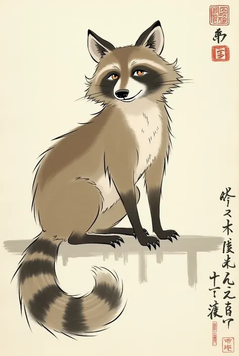 白い背景に赤いraccoon dogの絵です、Qi Baishi、reddit、mail art、Qi Baishi style 、raccoon dog、subreddit / r /raccoon dog、raccoon dog、フライングraccoon dog、traditional art、 artistic depiction 、古い紙にインスピレーションを得た洞窟絵画r、raccoon dog