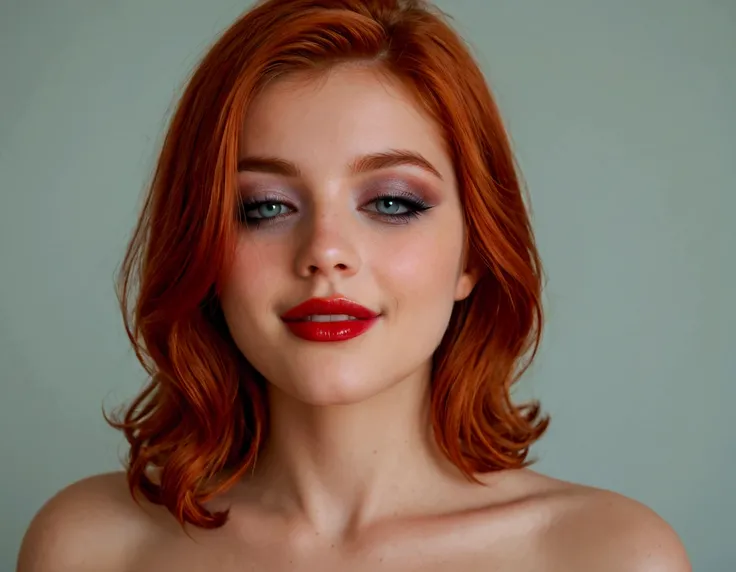 Young Caucasian woman  (((redhead))), (((light grey eyes))),  thin face,  full lips,  red lipstick,  soft makeup ,  big big breasts,  Medium Hair,  seductive smile, fully naked,  hairless vagina 