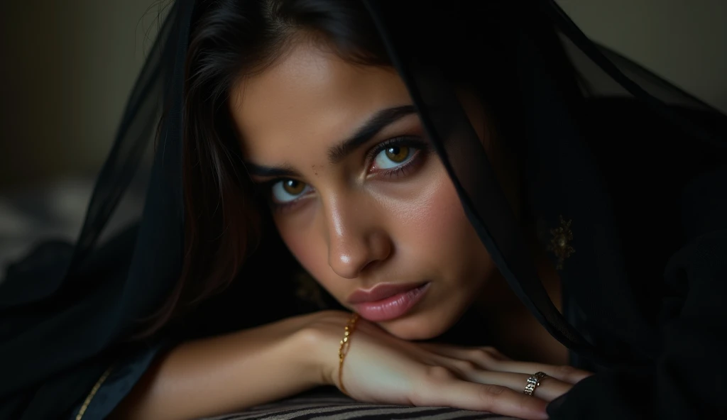 A stunning 26-year-old young woman with captivating features sits in a melancholic pose. She is dressed in an elegant black outfit with a black dupatta gracefully draped over her head. Tears shimmer in her expressive eyes, conveying deep sorrow. Her head r...