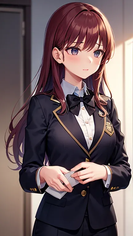 Girl with Dark Red Hair is wearing a navy blazer with a gold emblem on the chest, a crisp white shirt, and a black tie add an exclusive impression : Her flowing hair suggests a sense of confidence and individuality. She might be a passionate and spirited c...