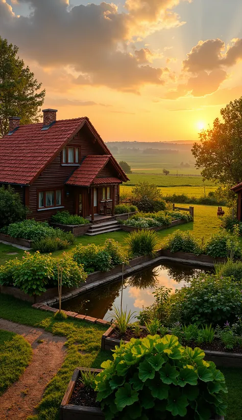 "A cozy countryside home with a red-tiled roof, nestled in a lush green landscape during sunset. The golden light of the setting sun bathes the scene, casting warm hues across the sky with scattered clouds. In front of the house, a well-maintained vegetabl...