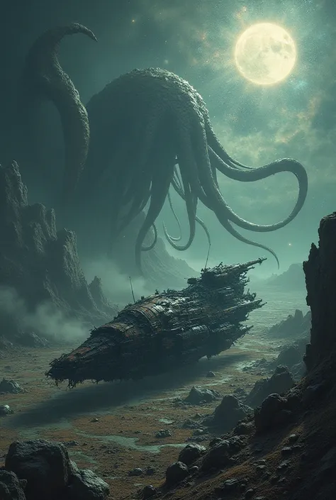 An image of a spaceship in pieces in a place full of shattered stars and planets where shadows of creatures with countless tentacles approaching on the horizon