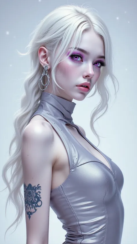 albinodoll ，white hair，Colored eyelashes， beauty，Sexy， 1girl ，Alone， purple eyes ， Snow White Skin ， sharp eye， Silver Slim Shoulder Dress， Delicate Earrings 0 ：5，Half-length portrait，Tattoo，Tattoo