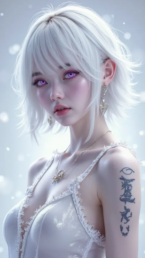 albinodoll ，white hair，Colored eyelashes， beauty，Sexy， 1girl ，Alone， purple eyes ， Snow White Skin ， sharp eye， Silver Slim Shoulder Dress， Delicate Earrings 0 ：5，Half-length portrait，Tattoo，Tattoo